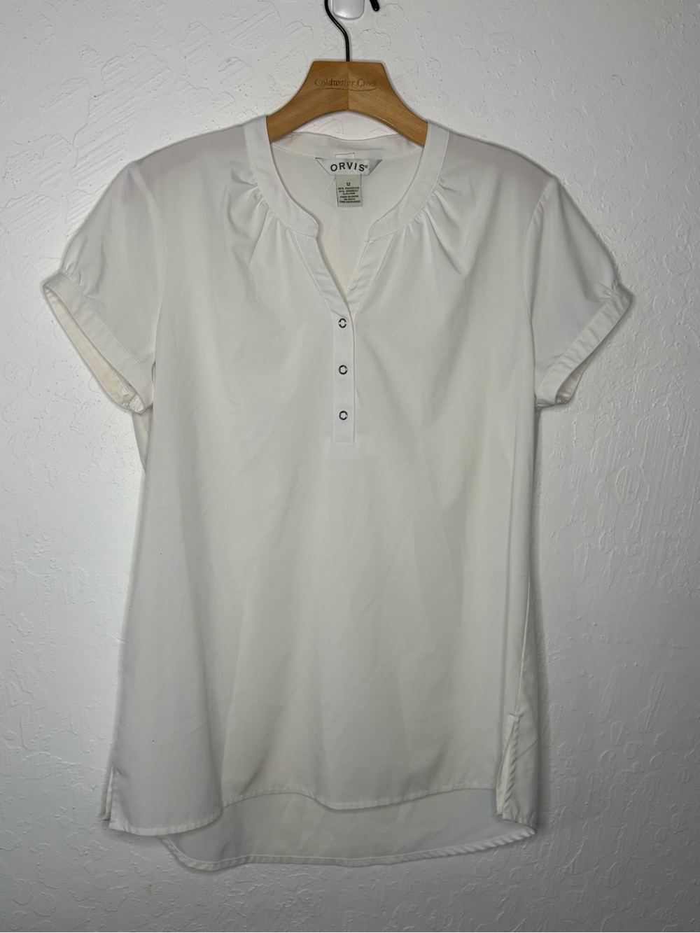 Orvis Women 12 White Short Sleeve Snap Henley Blouse Performance Stretch Travel